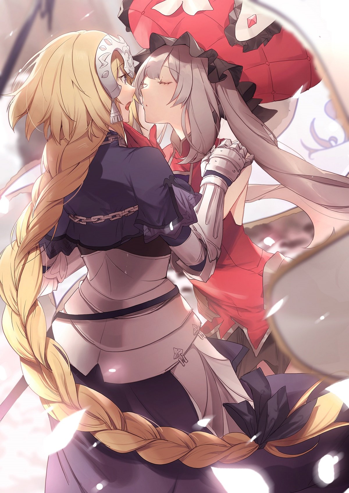 2girls armor armored_dress blonde_hair blurry blurry_background braid capelet chain closed_eyes dress eyebrows_visible_through_hair fate/grand_order fate_(series) faulds gauntlets gloves hair_ribbon headpiece highres jeanne_d'arc_(fate) jeanne_d'arc_(fate)_(all) long_braid long_hair marie_antoinette_(fate/grand_order) multiple_girls no-kan open_mouth plackart red_dress red_gloves red_headwear ribbon short_dress silver_hair single_braid sleeveless sleeveless_dress startled twintails very_long_hair