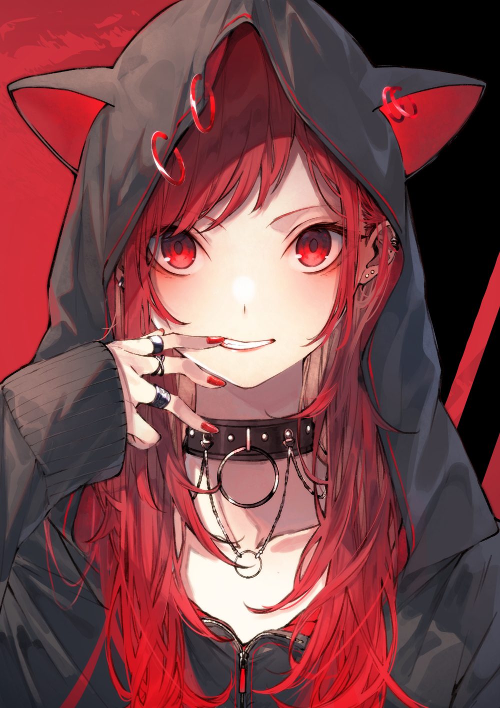 1girl animal_hood bangs black_background black_collar black_jacket collar commentary_request ear_piercing earrings fingersmile grin highres hood hood_up hooded_jacket jacket jewelry kuwashima_rein long_hair looking_at_viewer original piercing red_background red_eyes red_nails redhead ring sleeves_past_wrists smile solo swept_bangs upper_body zipper