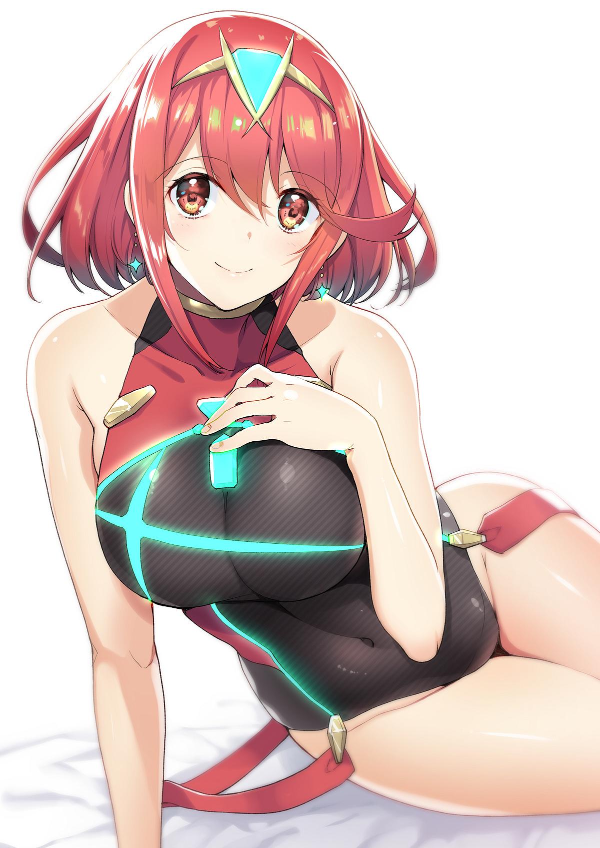 1girl akahito arm_support bare_arms bare_shoulders bed_sheet blush breasts closed_mouth commentary_request covered_collarbone covered_navel earrings fingernails hand_on_own_chest highres pyra_(xenoblade) jewelry looking_at_viewer medium_breasts neon_trim one-piece_swimsuit red_eyes redhead shiny shiny_hair shiny_skin short_hair simple_background sitting solo swimsuit thighs tiara white_background xenoblade_(series) xenoblade_2