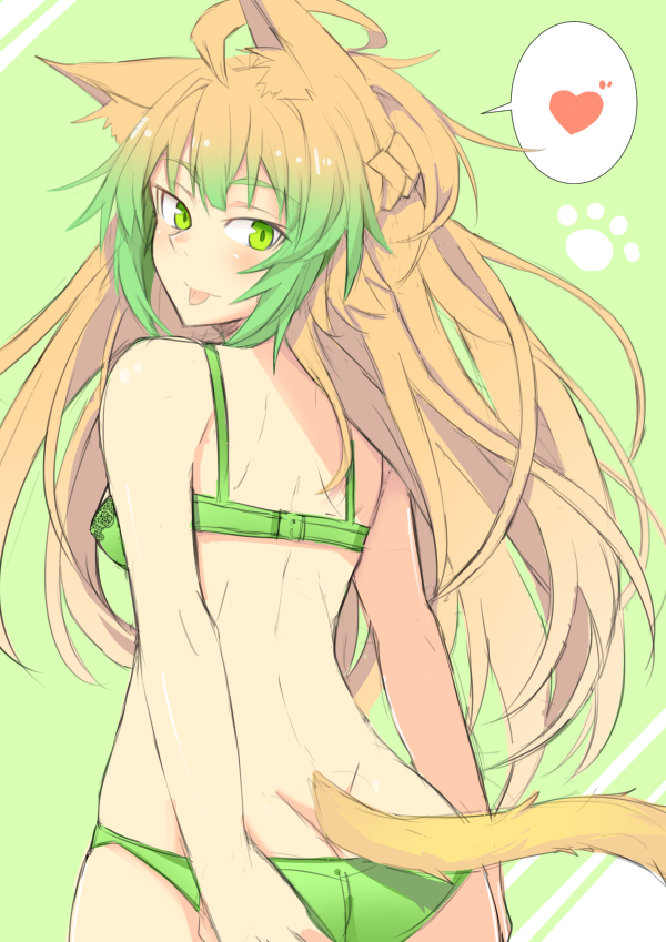 1girl ahoge animal_ear_fluff animal_ears atalanta_(fate) blonde_hair blush bra breasts cat_ears cat_tail fate/apocrypha fate/grand_order fate_(series) from_behind green_bra green_eyes green_hair green_panties heart long_hair looking_at_viewer looking_back medium_breasts multicolored_hair nahu panties solo spoken_heart tail tongue tongue_out underwear