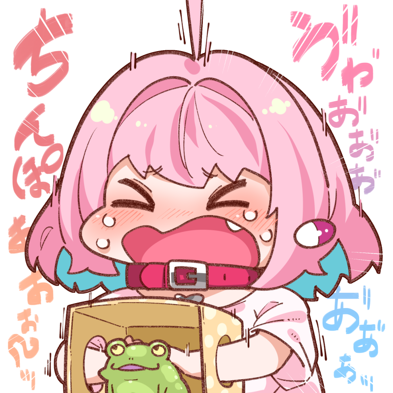 1girl box check_translation chibi collar fang frog idolmaster idolmaster_cinderella_girls pink_hair screaming surprised sweat takatoo_kurosuke touching translation_request yumemi_riamu