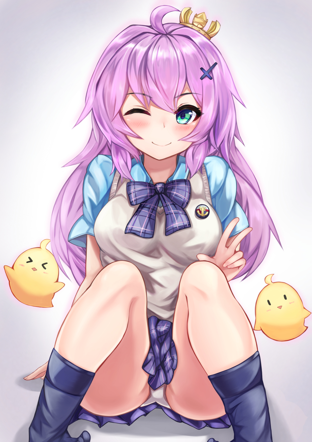 1girl ahoge aqua_eyes ass azur_lane bird blue_legwear blue_neckwear blue_shirt blue_skirt bow bowtie breasts chick closed_mouth crown hair_ornament highres javelin_(azur_lane) knees_up large_breasts long_hair looking_at_viewer manjuu_(azur_lane) mini_crown miniskirt no_shoes one_eye_closed panties plaid plaid_neckwear plaid_skirt purple_hair ryara_vivi school_uniform shirt short_sleeves sitting skirt smile socks solo sweater_vest thighs tilted_headwear underwear v white_panties x_hair_ornament