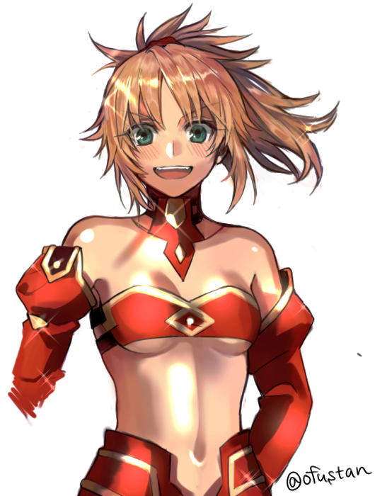 1girl :d bandeau bare_shoulders blonde_hair blush breasts collarbone detached_collar detached_sleeves fate/apocrypha fate_(series) green_eyes looking_at_viewer mordred_(fate) mordred_(fate)_(all) navel ofstan open_mouth ponytail red_sleeves shiny shiny_skin short_hair simple_background small_breasts smile solo twitter_username under_boob upper_body white_background