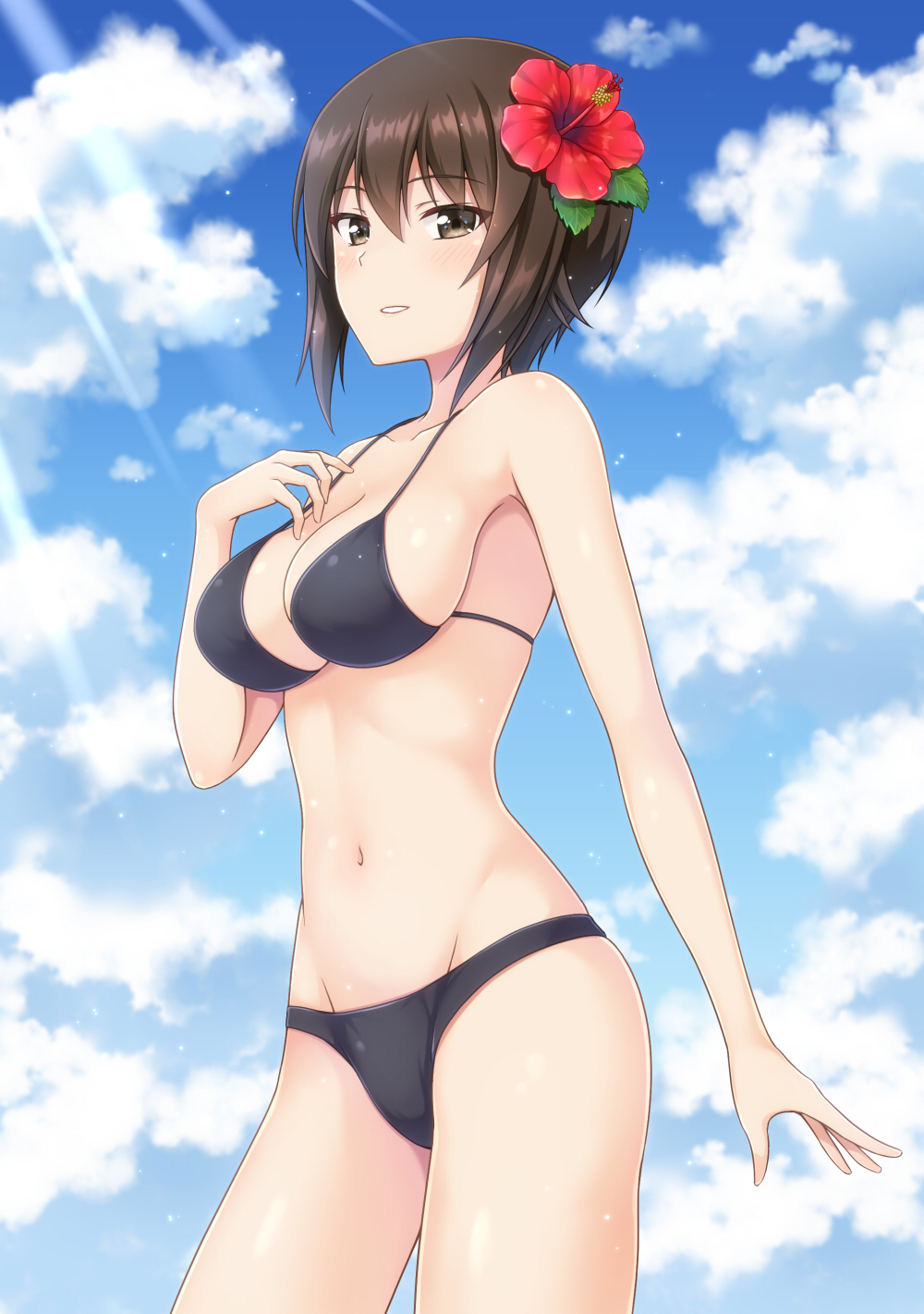 1girl bangs bare_shoulders bikini black_bikini blue_sky breasts brown_hair clouds cloudy_sky collarbone crotch_seam darknessukaru flower girls_und_panzer hair_flower hair_ornament hand_on_own_chest hibiscus highres light_rays looking_at_viewer navel nishizumi_maho short_hair sideboob sky smile solo standing swimsuit