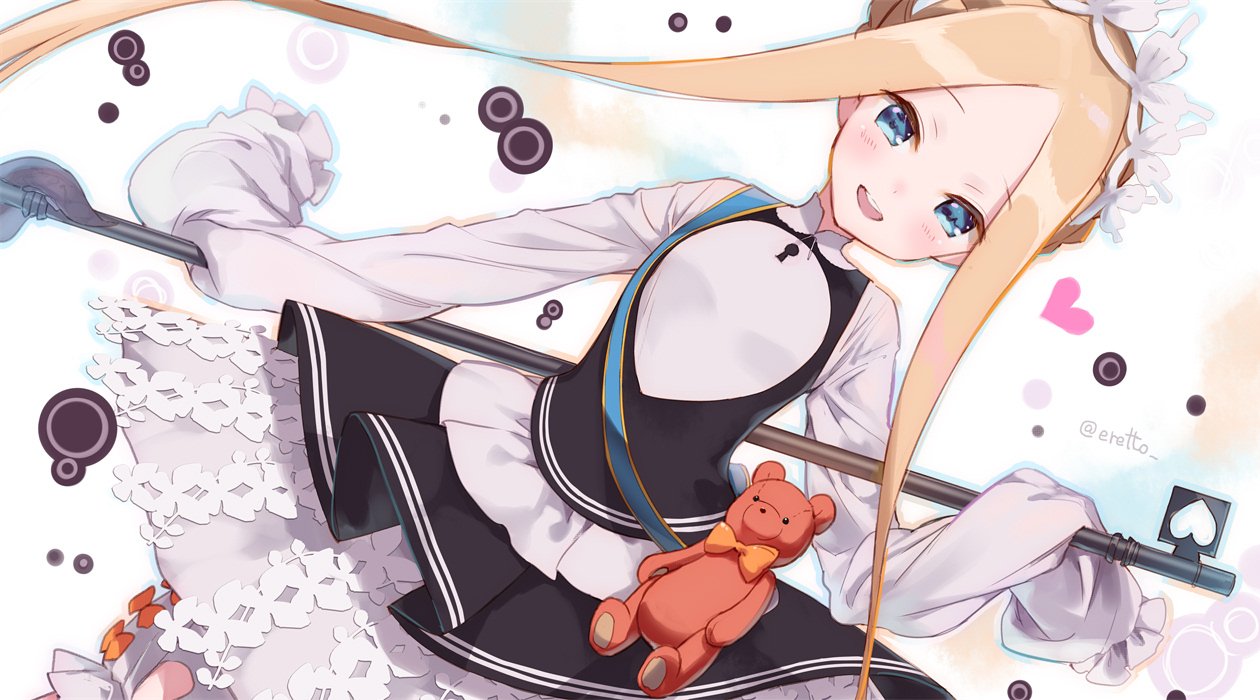 1girl abigail_williams_(fate/grand_order) apron bangs black_skirt blonde_hair blue_eyes bow butterfly_hair_ornament eretto fate/grand_order fate_(series) hair_ornament heroic_spirit_chaldea_park_outfit holding key long_hair looking_at_viewer maid maid_apron maid_headdress open_mouth orange_bow skirt sleeves_past_fingers sleeves_past_wrists smile stuffed_animal stuffed_toy teddy_bear white_bow