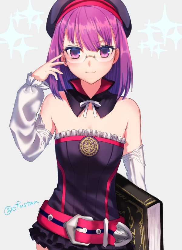 1girl bare_shoulders belt beret bespectacled book bow closed_mouth detached_collar detached_sleeves fate/grand_order fate_(series) glasses grey_background hat helena_blavatsky_(fate/grand_order) holding holding_book leotard looking_at_viewer ofstan purple_hair purple_headwear purple_leotard red_belt short_hair simple_background smile solo twitter_username upper_body white_bow white_sleeves