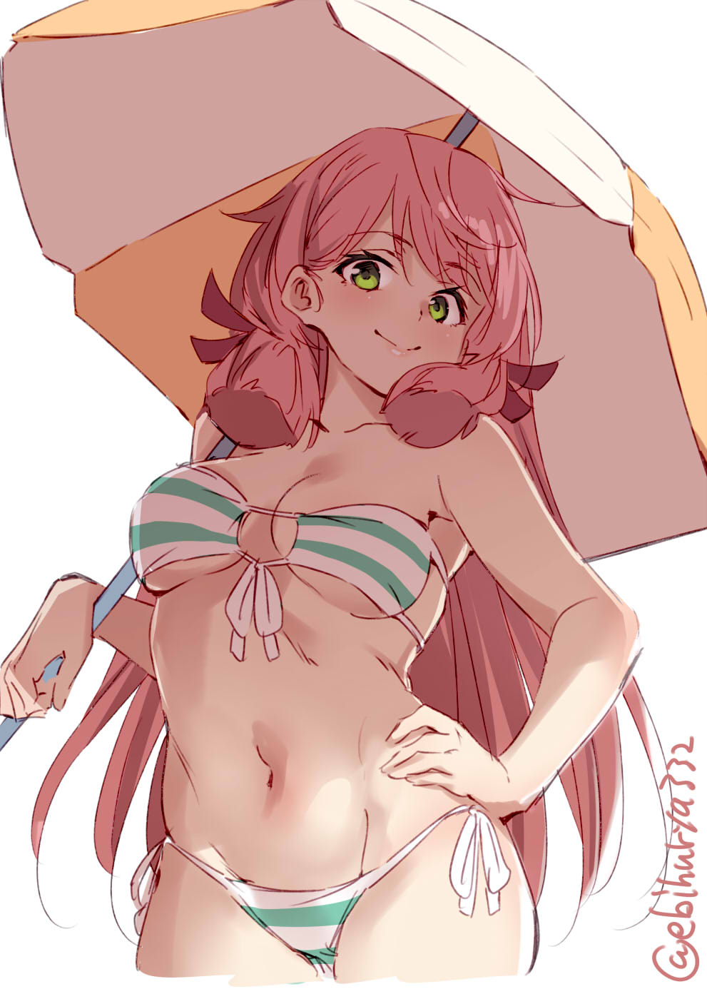 1girl akashi_(kantai_collection) alternate_costume beach_umbrella bikini blush breasts closed_mouth ebifurya green_eyes hair_ribbon highres holding holding_umbrella jpeg_artifacts kantai_collection large_breasts long_hair looking_at_viewer navel pink_hair red_ribbon ribbon smile solo striped striped_bikini swimsuit twintails umbrella