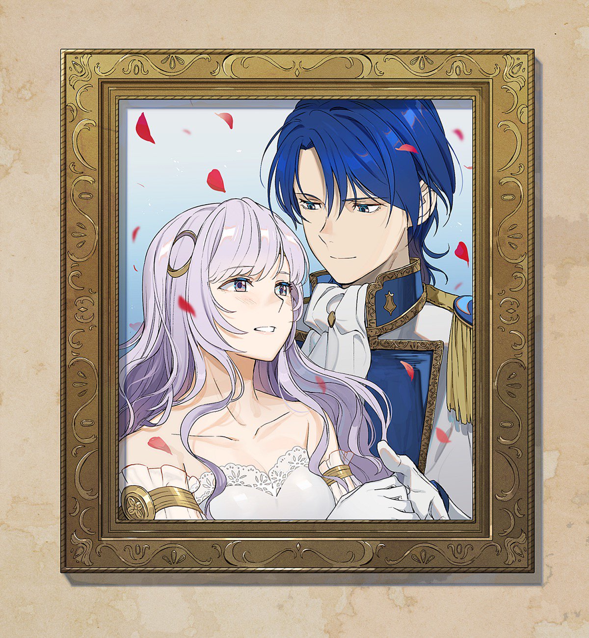 1boy 1girl blue_eyes blue_hair closed_mouth deirdre_(fire_emblem) fire_emblem fire_emblem:_genealogy_of_the_holy_war gloves hair_ornament highres husband_and_wife kyufe long_hair parted_lips petals photo_(object) picture_frame purple_hair short_hair sigurd_(fire_emblem) smile upper_body violet_eyes white_gloves