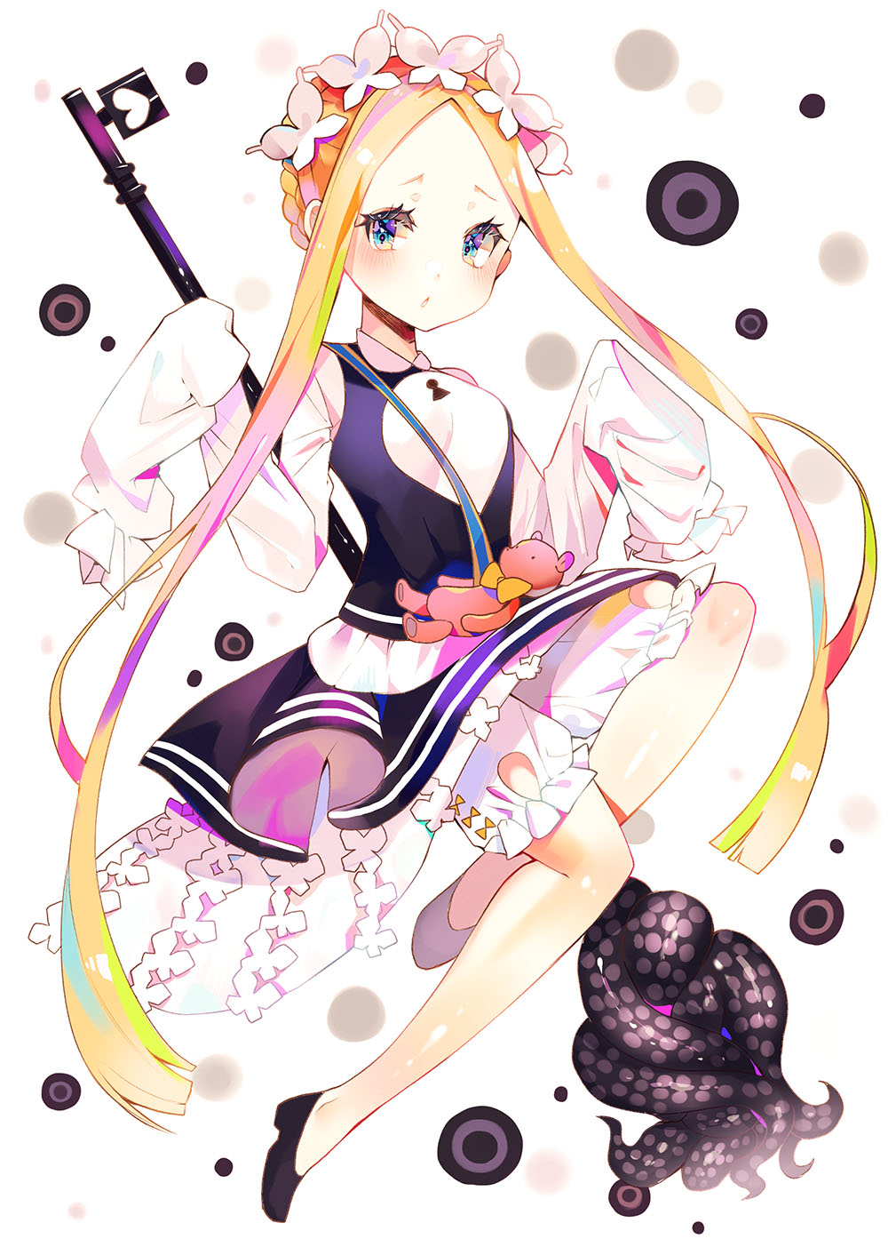 1girl abigail_williams_(fate/grand_order) bangs black_dress black_footwear blonde_hair bloomers blue_eyes blush braid butterfly_hair_ornament commentary_request dress fate/grand_order fate_(series) forehead full_body hair_ornament heart highres key long_hair long_sleeves looking_at_viewer mao_ge oversized_object parted_bangs parted_lips shirt shoes sidelocks sleeveless sleeveless_dress sleeves_past_fingers sleeves_past_wrists solo stuffed_animal stuffed_toy teddy_bear tentacles underwear very_long_hair white_background white_bloomers white_shirt