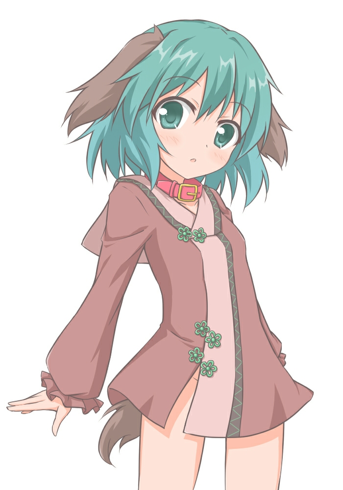 1girl :o animal_ears bangs blush brown_dress collar collarbone commentary_request dog_ears dog_girl dog_tail dress eyebrows_visible_through_hair green_eyes green_hair groin hair_between_eyes kasodani_kyouko long_sleeves looking_at_viewer parted_lips puffy_long_sleeves puffy_sleeves red_collar shino_megumi sleeves_past_wrists solo tail touhou