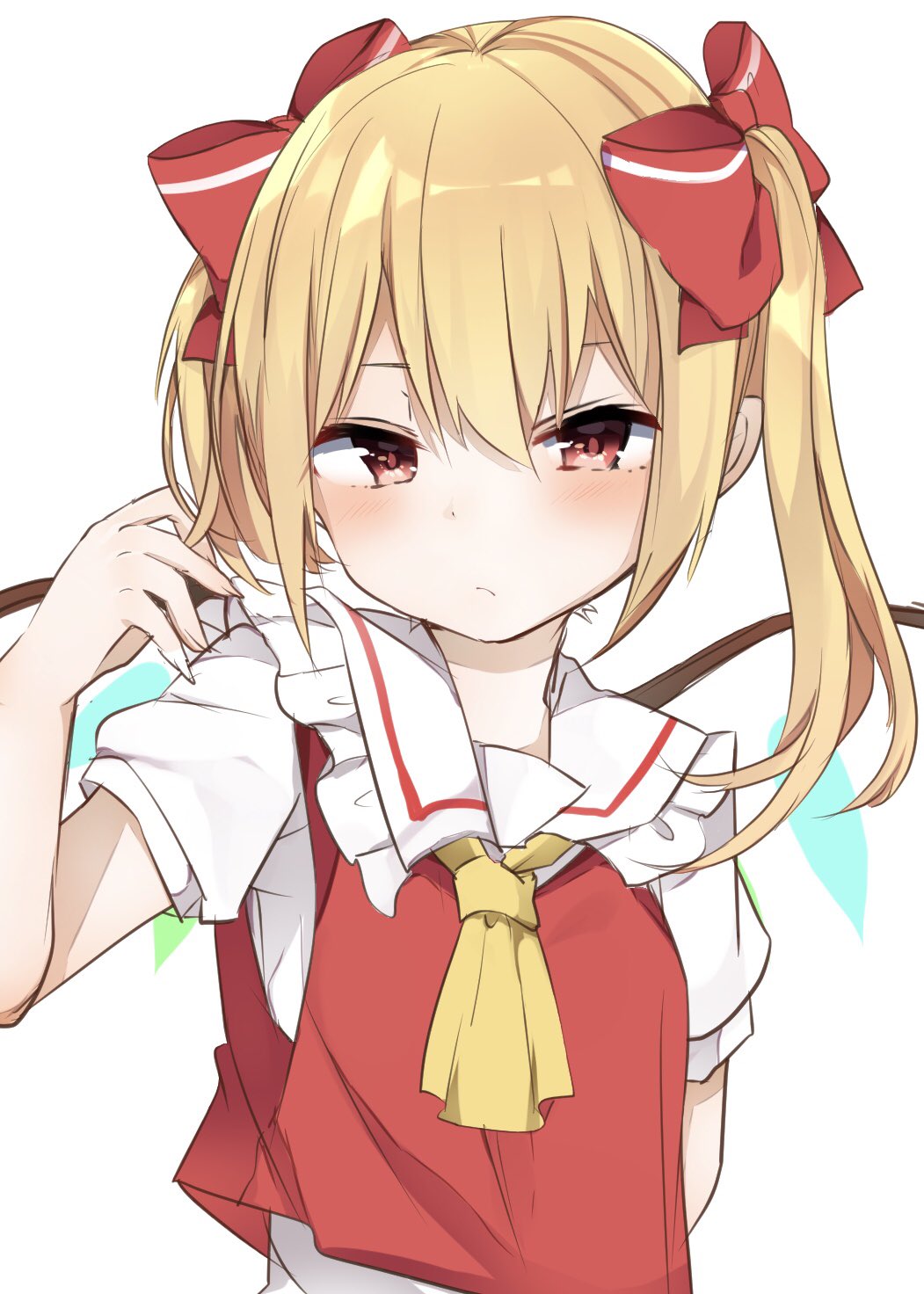 1girl alternate_hairstyle ascot bangs blonde_hair blush bow commentary_request crystal flandre_scarlet frilled_shirt_collar frills hair_between_eyes hair_bow hand_up highres karasusou_nano long_hair looking_at_viewer no_hat no_headwear puffy_short_sleeves puffy_sleeves red_bow red_eyes red_vest shirt short_sleeves sidelocks simple_background solo touhou twintails upper_body vest white_background white_shirt wings yellow_neckwear