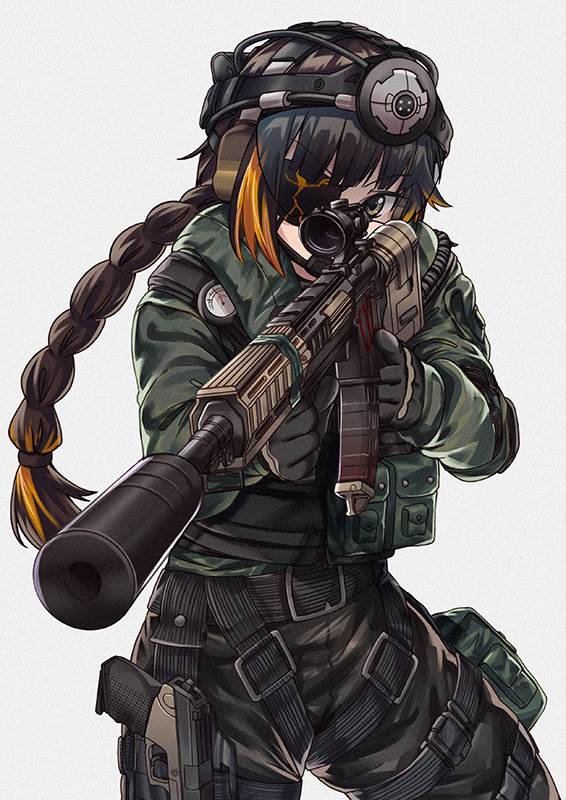 1girl assault_rifle braided_ponytail colt_canada_c7e cosplay eyebrows_visible_through_hair eyepatch girls_frontline gloves gun handgun headphones holstered_weapon jackal_(rainbow_six_siege) m16a1_(girls_frontline) persocon93 pistol pouch rainbow_six_siege rifle scope solo suppressor tactical_clothes weapon