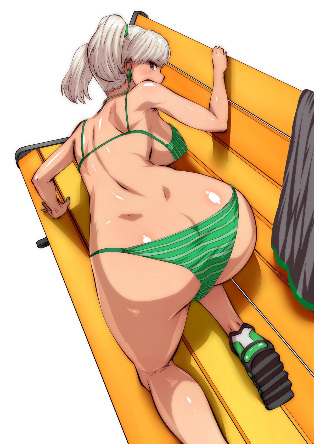 1girl all_fours ass back bangs bench bikini black_eyes breasts dark_skin earphones earphones eyebrows_visible_through_hair green_bikini green_nails highres jacket jacket_removed large_breasts looking_at_viewer original platinum_blonde_hair ribbon shiny shiny_skin shoes simple_background sneakers solo souryu striped striped_bikini swimsuit twintails white_background