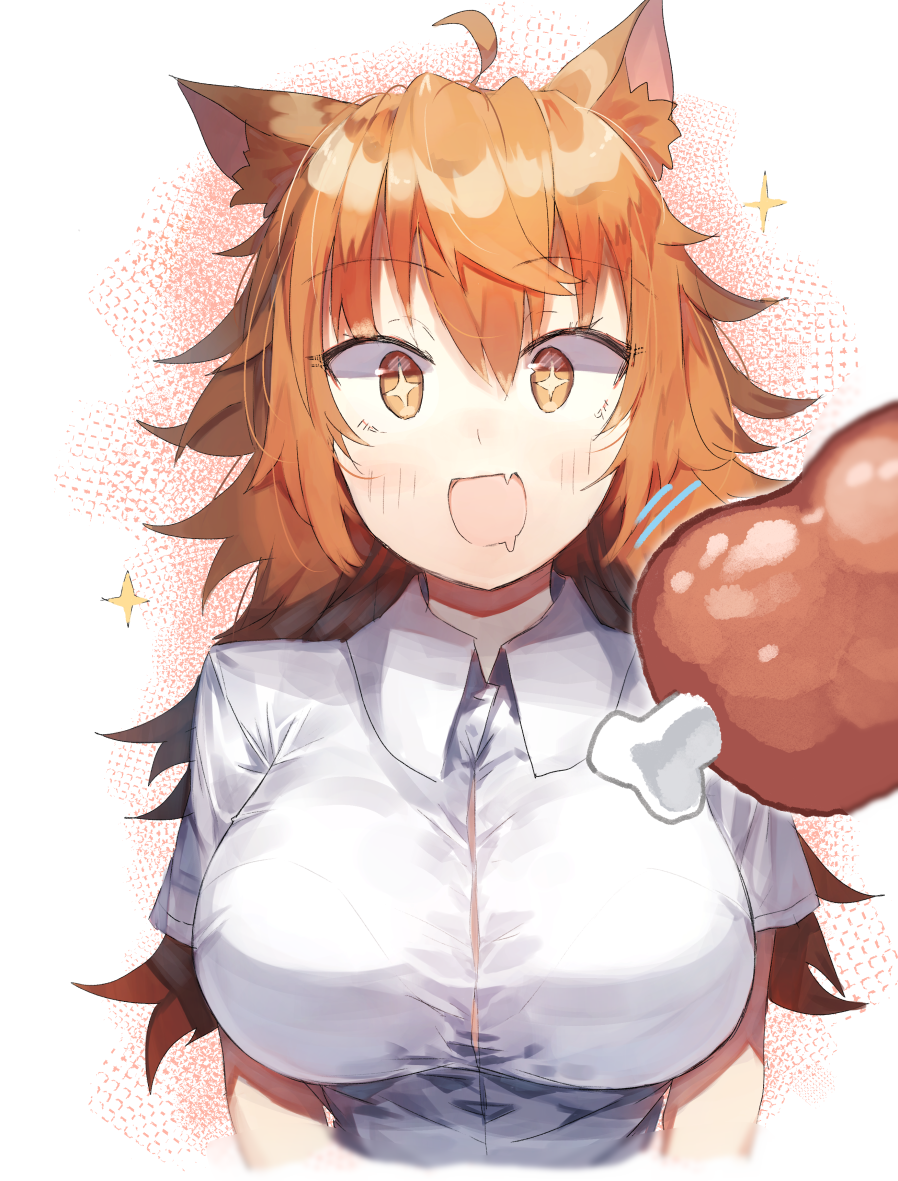+_+ 1girl :d ahoge animal_ear_fluff animal_ears bangs blush boned_meat breasts commentary_request eyebrows_visible_through_hair fang food hair_between_eyes kasuka_(kusuki) large_breasts long_hair looking_at_viewer meat open_mouth orange_eyes orange_hair original shirt short_sleeves skin_fang smile solo sparkle upper_body white_background white_shirt wolf_ears