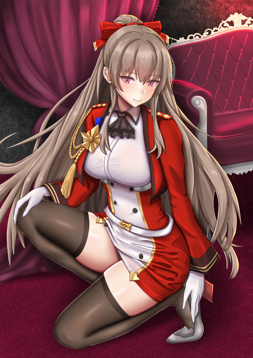 1girl aiguillette azur_lane bangs black_legwear blush breasts brown_hair closed_mouth couch cropped_jacket curtains full_body gloves hair_between_eyes hair_ribbon high_heels highres jacket large_breasts long_hair looking_at_viewer medal moepush one_knee ponytail red_jacket red_ribbon ribbon rudder_footwear shoes sidelocks smile solo swiftsure_(azur_lane) thigh-highs tsurime very_long_hair white_gloves