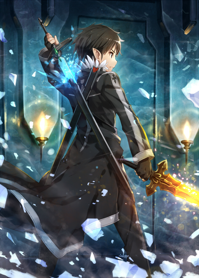 1boy black_eyes black_gloves black_hair black_jacket commentary_request dual_wielding fingerless_gloves fire from_behind gabiran gloves glowing holding holding_sword holding_weapon jacket kirito kirito_(sao-alo) long_hair long_jacket male_focus pointy_ears short_hair solo spiky_hair sword sword_art_online weapon