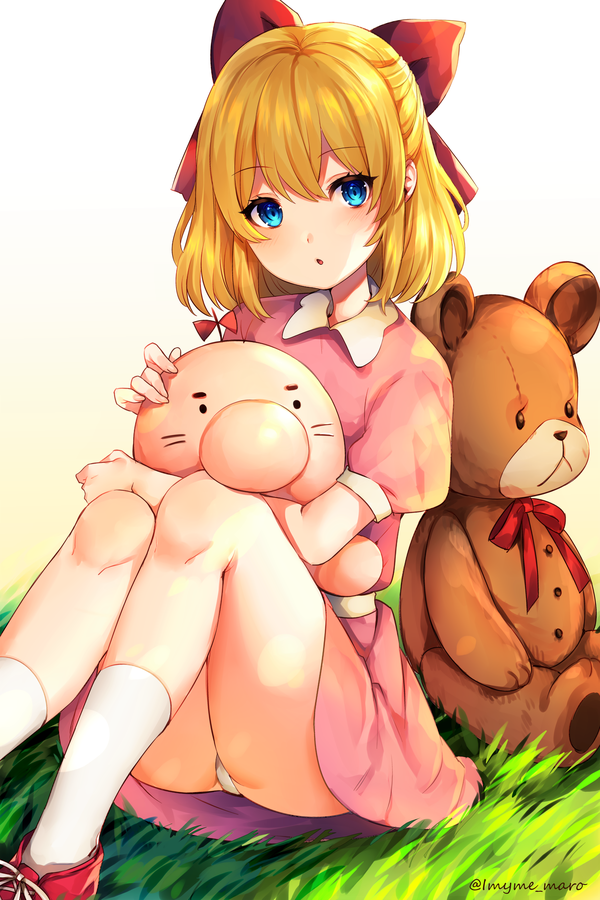 1girl :o ape_(company) artist_name ass bangs beige_background blonde_hair blue_eyes blush bow child commentary_request cute doseisan dress eyebrows_visible_through_hair feet_out_of_frame gradient gradient_background grass hair_between_eyes hair_bow hal_laboratory_inc. knees_up looking_at_viewer marota moe mother_(game) mother_2 neck_ribbon nintendo panties pantyshot pantyshot_(sitting) parted_lips paula_(mother_2) pink_dress puffy_short_sleeves puffy_sleeves red_bow red_footwear red_neckwear red_ribbon ribbon sash shoes short_dress short_hair short_sleeves sitting socks solo stuffed_animal stuffed_toy teddy_bear thighs twitter_username underwear white_background white_legwear white_panties white_sash