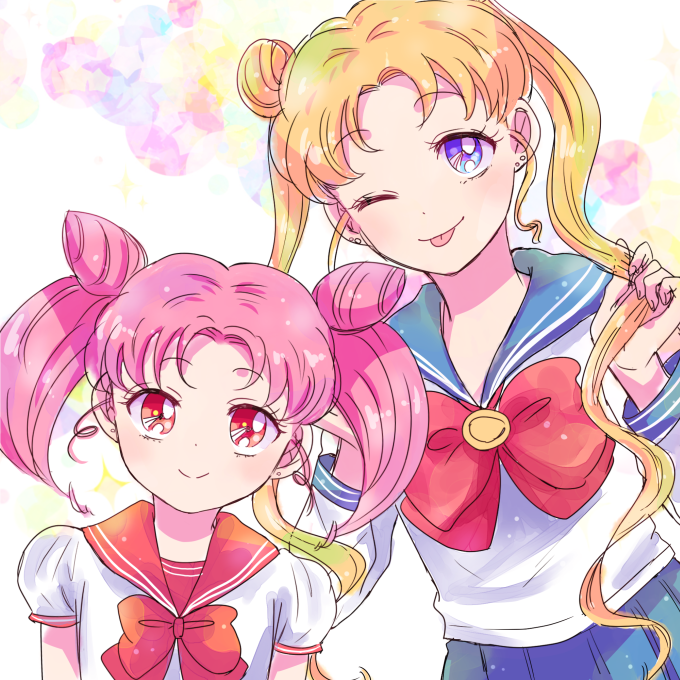 2girls :p bangs bishoujo_senshi_sailor_moon blonde_hair blue_eyes blue_sailor_collar blue_skirt brooch bubble_background chibi_usa double_bun earrings eyebrows_visible_through_hair holding holding_hair jewelry juuban_middle_school_uniform light_blush long_hair long_sleeves looking_at_viewer multicolored multicolored_background multiple_girls one_eye_closed parted_bangs pink_hair red_eyes red_ribbon red_sailor_collar ribbon sailor_collar school_uniform serafuku shiny shiny_hair short_sleeves skirt sleeve_cuffs smile sparkle stud_earrings suriringo24 tongue tongue_out tsukino_usagi twintails upper_body white_background