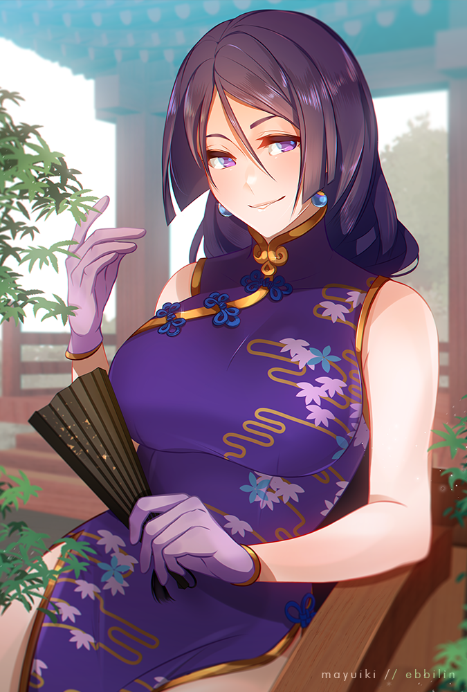 1girl bangs bare_shoulders blush breasts china_dress chinese_clothes closed_mouth dress earrings fan fate/grand_order fate_(series) floral_print folding_fan gloves hair_between_eyes heroic_spirit_traveling_outfit jewelry large_breasts long_hair looking_at_viewer minamoto_no_raikou_(fate/grand_order) muki_(mayuiki) parted_bangs pelvic_curtain purple_dress purple_gloves purple_hair side_slit smile solo very_long_hair violet_eyes