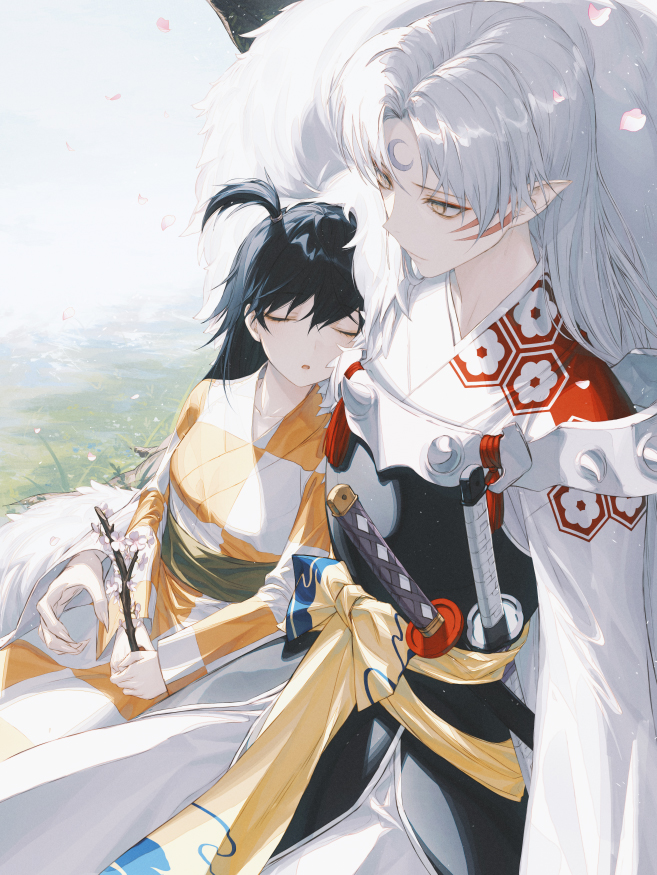 1boy 1girl armor black_hair closed_eyes facial_mark forehead_mark fur inuyasha japanese_clothes katana kimono long_hair one_side_up pointy_ears rin_(inuyasha) sesshoumaru sheath sheathed sleeping sword wanke weapon white_hair yellow_eyes