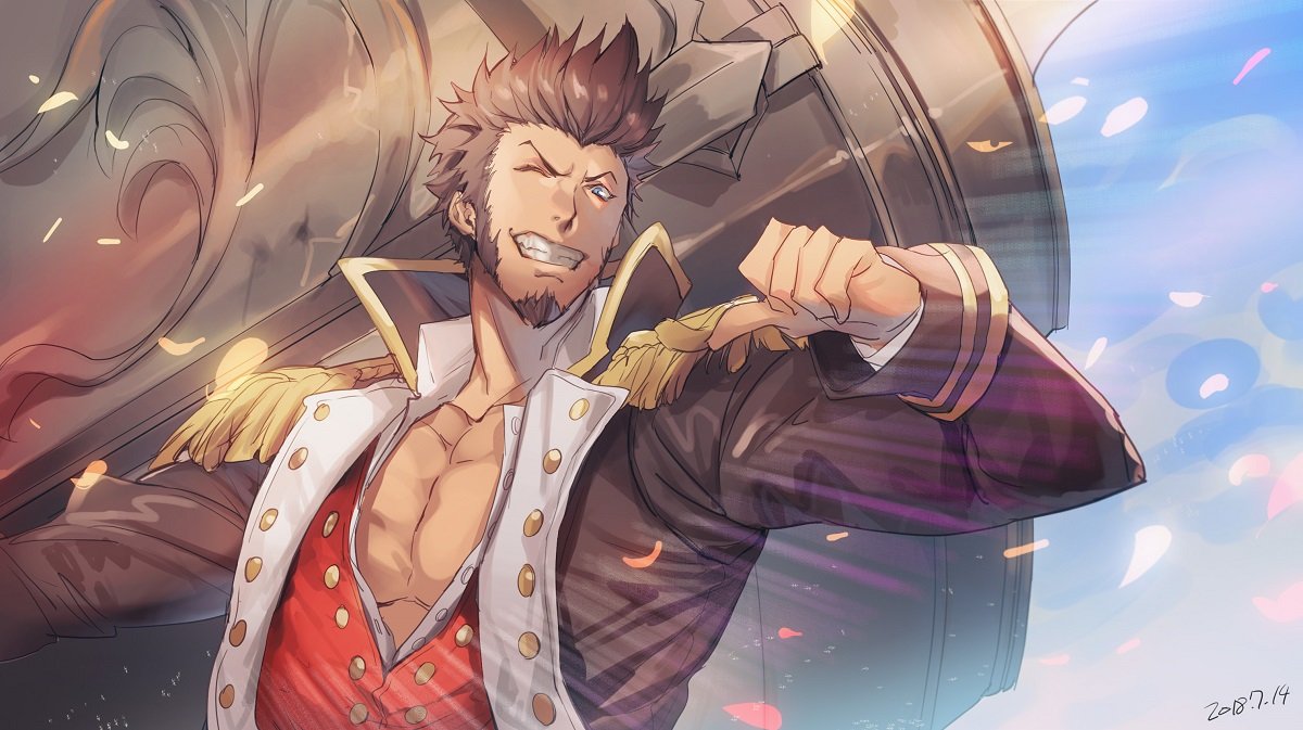 1boy beard blue_eyes brown_hair chest commentary_request epaulettes facial_hair fate/grand_order fate_(series) holding holding_weapon jacket long_sleeves looking_at_viewer male_focus military napoleon_bonaparte_(fate/grand_order) no-kan open_clothes open_jacket sky smile solo teeth uniform weapon