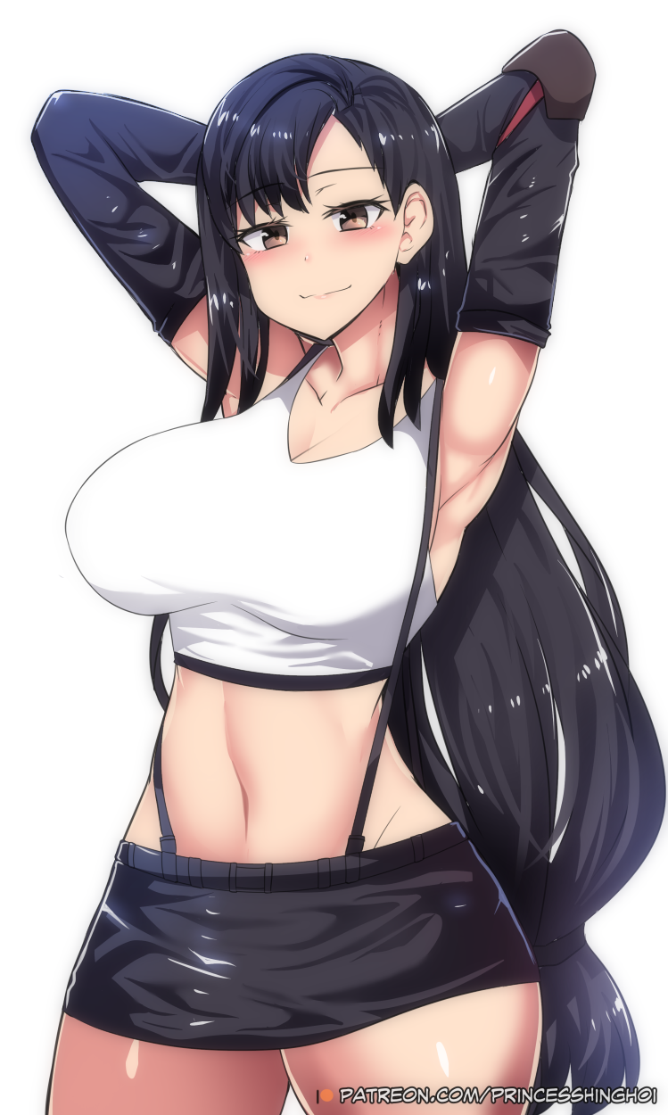 1girl armpits arms_behind_head arms_up bangs black_hair black_skirt blush breasts brown_eyes closed_mouth collarbone elbow_gloves elbow_pads final_fantasy final_fantasy_vii gloves highres hinghoi large_breasts long_hair looking_at_viewer low-tied_long_hair midriff miniskirt navel pencil_skirt simple_background skirt smile solo suspender_skirt suspenders tank_top tifa_lockhart very_long_hair white_background