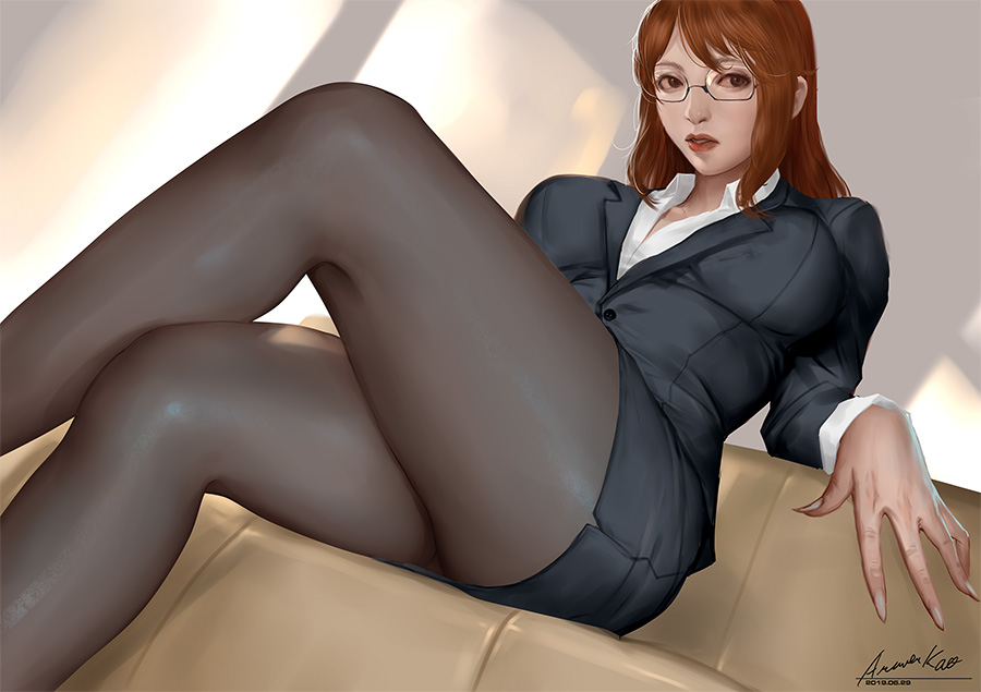 1girl ariverkao bangs blazer breasts brown_eyes brown_hair collared_shirt commentary_request couch crossed_legs dress_shirt glasses indoors jacket large_breasts office_lady original pantyhose parted_lips pencil_skirt shirt sitting skirt white_shirt