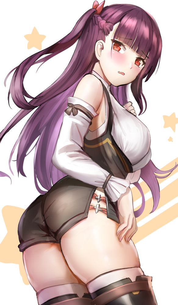 1girl ass bangs black_shorts blush boots breasts detached_sleeves eyebrows_visible_through_hair girls_frontline hair_ribbon large_breasts long_hair looking_at_viewer one_side_up open_mouth purple_hair qian_wu_atai red_eyes red_ribbon ribbon shirt shorts skirt solo suspender_shorts suspenders thigh-highs thigh_boots twisted_torso very_long_hair wa2000_(girls_frontline) white_legwear white_shirt