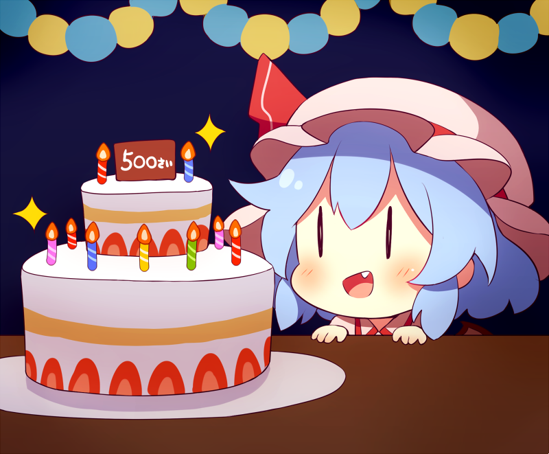 1girl 60mai :d blue_background blue_hair blush cake candle chibi commentary_request dress fang food hat hat_ribbon mob_cap open_mouth pink_dress pink_headwear portrait red_ribbon remilia_scarlet ribbon short_hair simple_background smile solo sparkle touhou |_|