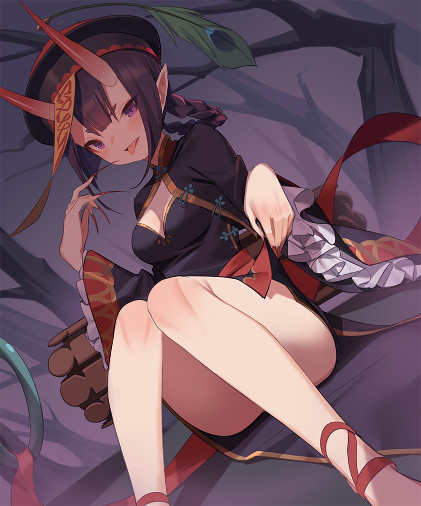 1girl bare_tree black_dress black_headwear braid breasts china_dress chinese_clothes commentary_request dress dutch_angle fate/grand_order fate_(series) feet_out_of_frame fingernails hair_rings hat horns knees_up long_sleeves looking_at_viewer oni oni_horns parted_lips pelvic_curtain purple_hair red_nails sharp_fingernails shuten_douji_(fate/grand_order) sitting small_breasts solo tongue tongue_out tree very_long_fingernails violet_eyes wide_sleeves yura_(botyurara)