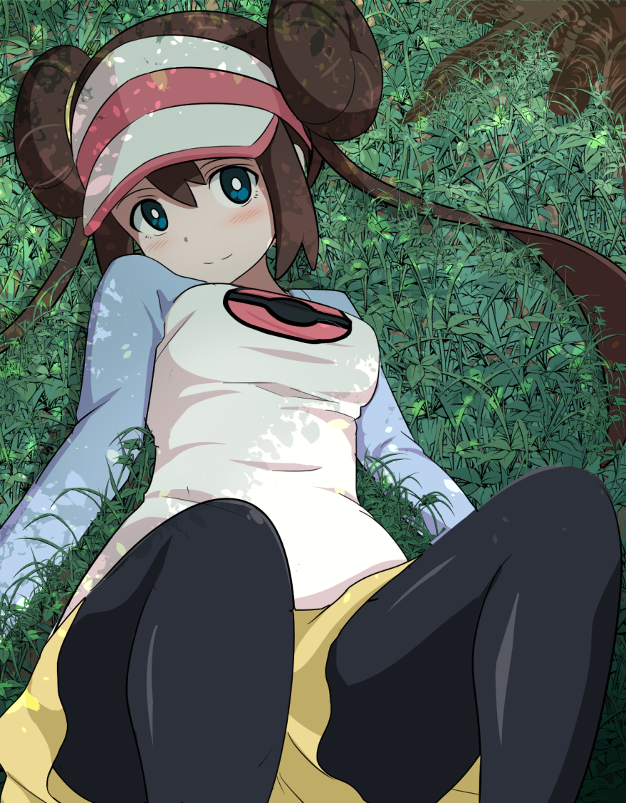 1girl black_legwear blue_eyes breasts brown_hair double_bun grass kayama_kenji legwear_under_shorts long_hair looking_at_viewer lying medium_breasts mei_(pokemon) on_back pantyhose pokemon pokemon_(game) raglan_sleeves short_shorts shorts smile solo tree_stump twintails very_long_hair visor_cap yellow_shorts