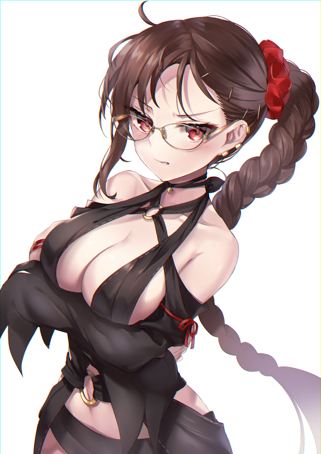 1girl ahoge bangs bare_shoulders black_dress blush braid breasts brown_hair collarbone consort_yu_(fate) crossed_arms dress ear_piercing fate/grand_order fate_(series) glasses hair_ornament hair_scrunchie hane_yuki highres large_breasts long_hair looking_at_viewer navel o-ring parted_lips piercing revealing_clothes ribbon-trimmed_dress scrunchie single_braid solo strapless strapless_dress very_long_hair