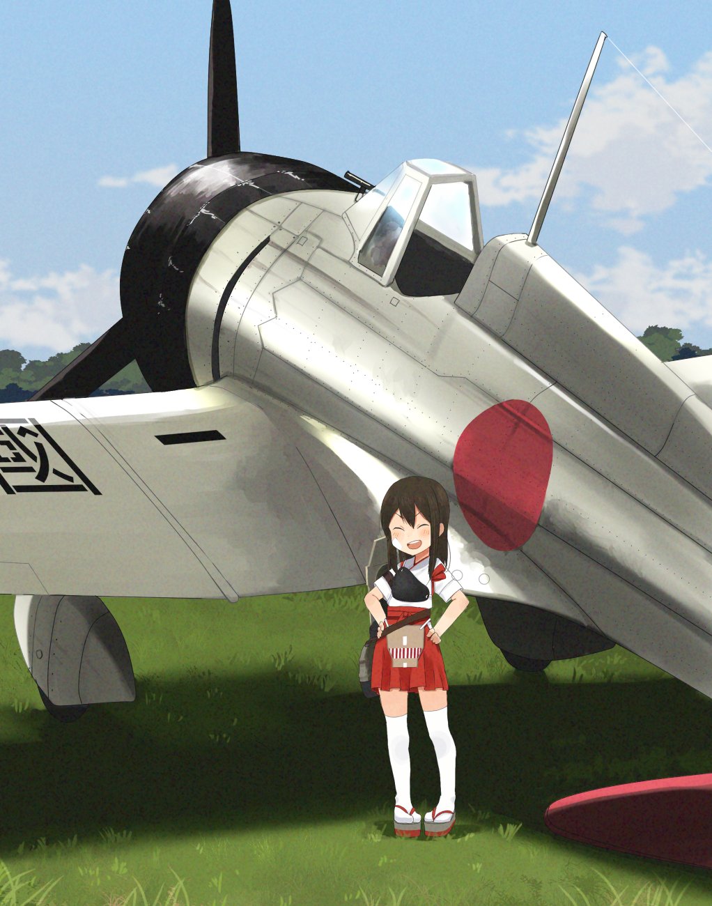 1girl a5m aircraft airplane akagi_(kantai_collection) annin_musou bandaid bandaid_on_face black_hair blue_sky clouds commentary_request day full_body geta grass hakama hakama_skirt hands_in_pockets highres japanese_clothes kantai_collection long_hair muneate open_mouth outdoors red_hakama round_teeth sandals sky smile solo standing straight_hair tasuki teeth thigh-highs upper_teeth white_legwear younger