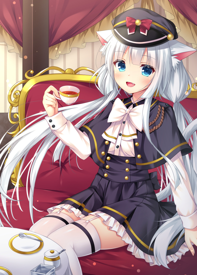 1girl :d animal_ear_fluff animal_ears bangs black_capelet black_headwear black_skirt blue_eyes capelet cat_ears cat_girl cat_tail commentary_request couch cup dress_shirt eyebrows_visible_through_hair fang frilled_skirt frills fujikura_ryuune garter_straps hat holding holding_cup long_hair long_sleeves low_twintails on_couch open_mouth original peaked_cap shirt silver_hair sitting skirt smile solo table tail tea teacup thigh-highs twintails very_long_hair white_legwear white_shirt
