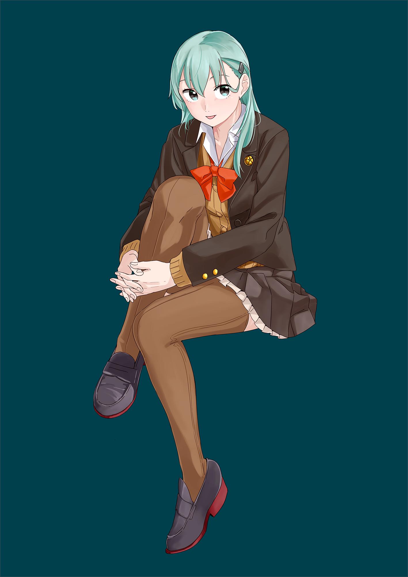 1girl aqua_hair ascot bow bowtie brown_cardigan brown_jacket brown_legwear brown_skirt green_background green_eyes grey_footwear hair_ornament hairclip highres invisible_chair jacket kantai_collection knee_up leg_hug loafers long_hair looking_at_viewer ojipon orange_neckwear pleated_skirt remodel_(kantai_collection) school_uniform shoes simple_background sitting skirt smile solo suzuya_(kantai_collection) thigh-highs
