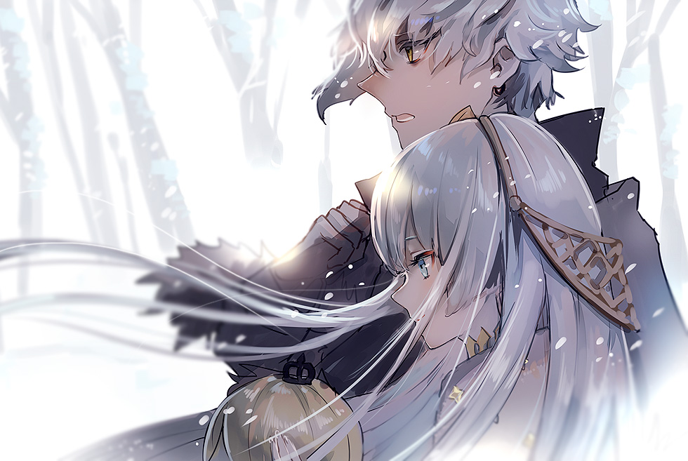 1boy 1girl anastasia_(fate/grand_order) bangs blue_eyes closed_mouth crown doll fate_(series) from_side fur_trim hairband holding holding_doll houhou_(black_lack) jewelry kadoc_zemlupus long_hair long_sleeves mini_crown open_mouth outdoors profile short_hair silver_hair smile snow snowing white_hair winter winter_clothes yellow_eyes yellow_hairband