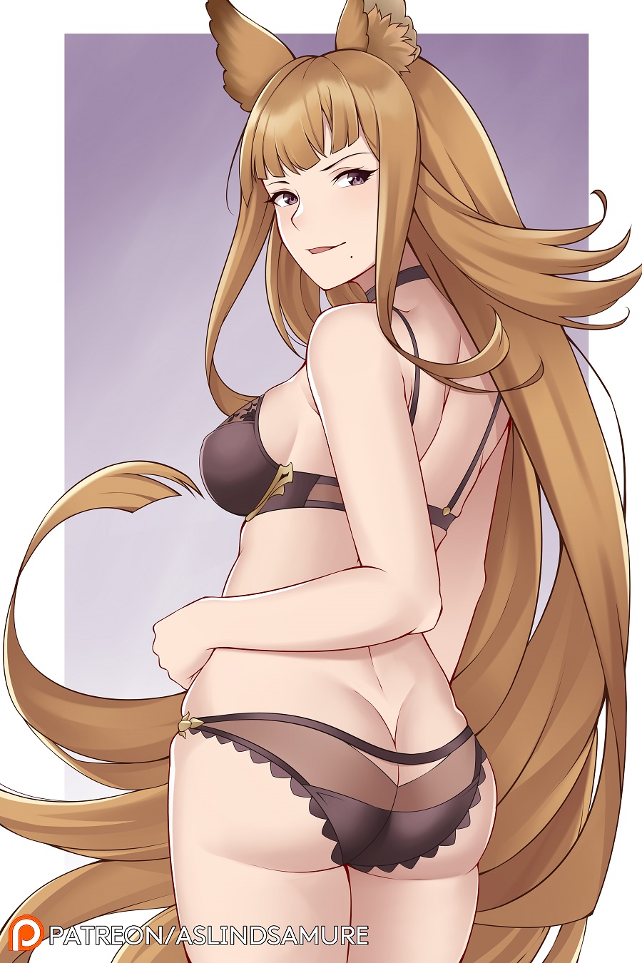 1girl animal_ears aslindsamure ass back bangs bare_shoulders blonde_hair blush border bra breasts brown_bra brown_hair brown_panties choker erune gradient gradient_background granblue_fantasy highres long_hair looking_at_viewer medium_breasts metera_(granblue_fantasy) panties parted_lips purple_background smile solo thighs underwear very_long_hair violet_eyes white_border