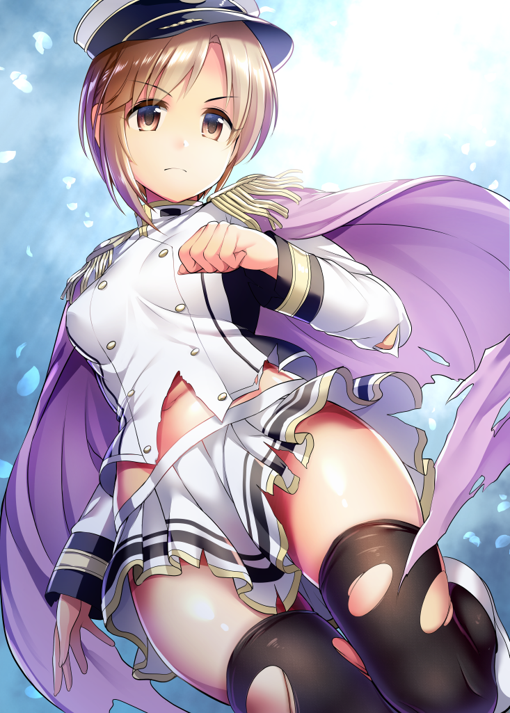 1girl aiba_yumi black_legwear blonde_hair breasts brown_eyes cape closed_mouth eyebrows_visible_through_hair hat idolmaster idolmaster_cinderella_girls jacket long_sleeves ment midriff miniskirt navel peaked_cap pleated_skirt purple_cape shiny shiny_hair short_hair skirt small_breasts smile solo stomach thigh-highs torn_clothes torn_jacket torn_legwear torn_skirt white_headwear white_jacket white_skirt zettai_ryouiki
