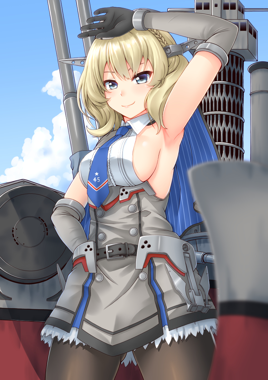 1girl ass_visible_through_thighs black_gloves black_legwear blonde_hair blue_eyes blue_neckwear blue_sky breasts cannon capelet clouds colorado_(kantai_collection) commentary_request dress elbow_gloves garrison_cap gloves grey_dress hat headgear highres kantai_collection large_breasts machinery necktie pantyhose pleated_dress pose sano_souichi shirt short_hair side_braids sideboob sky sleeveless solo standing white_shirt