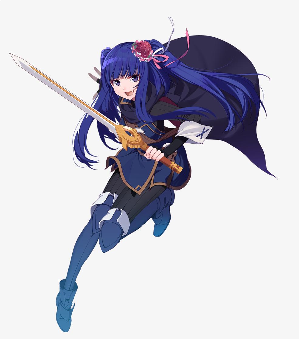 07th_expansion 1girl bangs blue_cape blue_dress blue_eyes blue_footwear blue_hair bodysuit boots bow cape commentary_request cosplay dress falchion_(fire_emblem) fingerless_gloves fire_emblem fire_emblem:_kakusei fire_emblem_13 fire_emblem_awakening flower furudo_erika gloves grey_background hair_bow hair_flower hair_ornament hair_ribbon intelligent_systems knee_boots leg_up long_hair long_sleeves lucina lucina_(cosplay) lucina_(fire_emblem) lucina_(fire_emblem)_(cosplay) nintendo open_mouth parody ribbon ryon_(ryonhei) shadow sidelocks simple_background sleeve_cuffs solo twintails umineko_no_naku_koro_ni