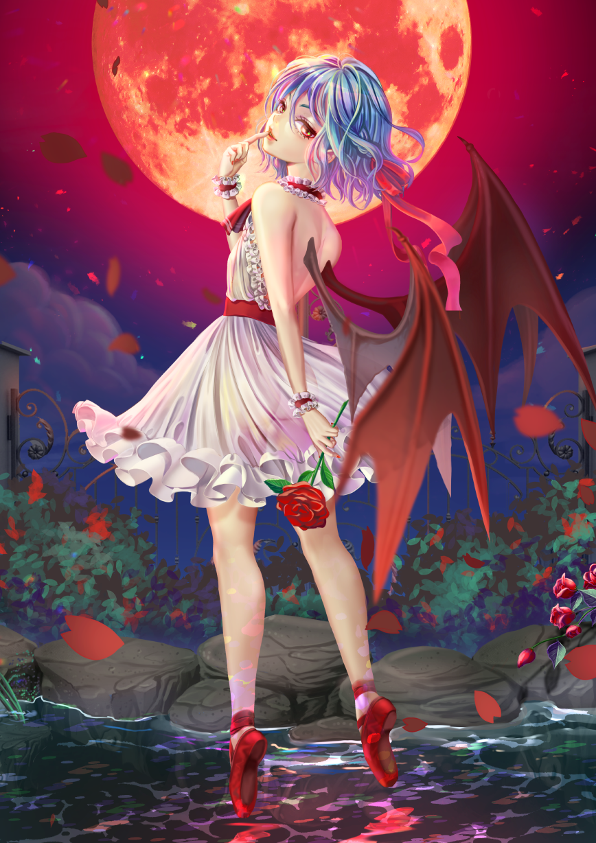 1girl adapted_costume ascot backless_dress backless_outfit bangs bare_arms bare_back bare_shoulders bat_wings blue_hair cado_(noelapark) commentary_request dress finger_to_mouth flower frills from_behind full_body full_moon hair_between_eyes hand_up head_tilt highres holding holding_flower lipstick looking_at_viewer looking_back makeup moon night night_sky no_hat no_headwear outdoors parted_lips petals red_eyes red_flower red_footwear red_lipstick red_moon red_neckwear red_rose red_sash remilia_scarlet rock rose rose_petals sash shoes short_dress short_hair sky solo touhou water white_dress wings wrist_cuffs