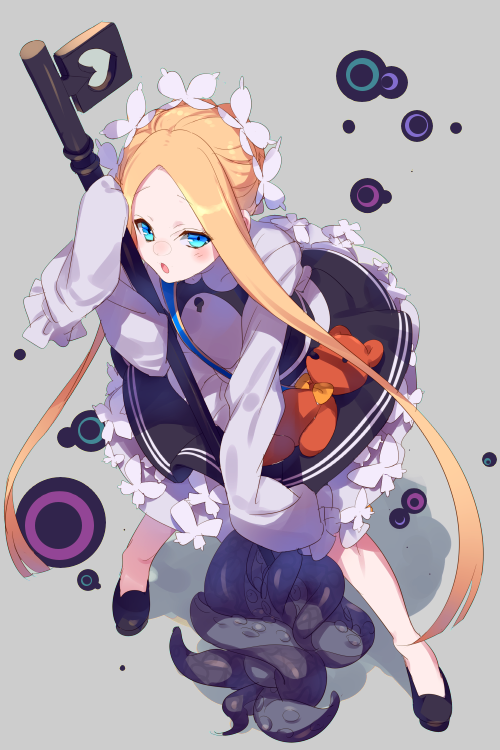 1girl abigail_williams_(fate/grand_order) alternate_costume alternate_hairstyle apron bangs blonde_hair blue_eyes blush butterfly_hair_ornament cis05 fate/grand_order fate_(series) hair_ornament holding key long_hair looking_at_viewer maid_apron maid_dress maid_headdress parted_bangs skirt sleeves_past_wrists stuffed_animal stuffed_toy teddy_bear tentacles tied_hair very_long_hair white_background