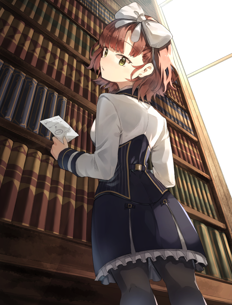 1girl bangs black_legwear black_skirt book bookshelf bow breasts brown_hair commentary_request eyebrows_visible_through_hair feet_out_of_frame from_behind from_below hair_bow head_tilt high-waist_skirt holding holding_paper indoors kasuka_(kusuki) long_sleeves looking_at_viewer looking_back medium_breasts miniskirt original pantyhose paper petticoat shirt short_hair skirt solo standing white_bow white_shirt yellow_eyes