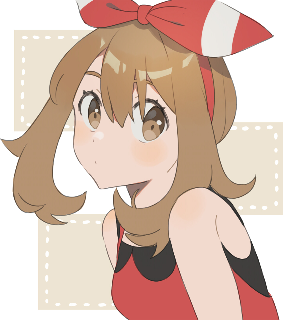 1girl blush bow brown_eyes brown_hair creatures_(company) game_freak hair_bow haruka_(pokemon) looking_at_viewer looking_to_the_side moe nintendo olm_digital pokemon pokemon_(game) pokemon_oras solo tank_top unapoppo upper_body