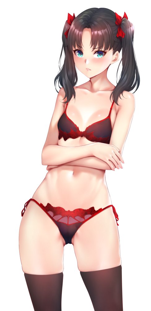 black_hair blush bra commentary commentary_request fate_(series) green_eyes lingerie navel panties red_bra red_panties simple_background solo standing thigh-highs toosaka_rin twintails underwear white_background younger zucchini