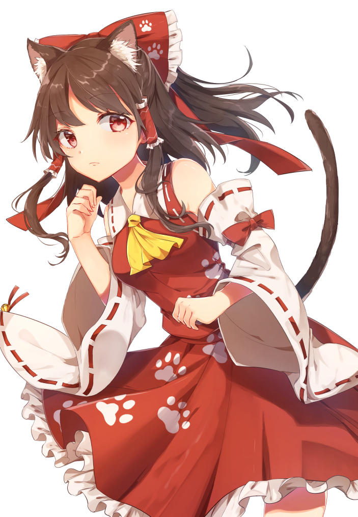 1girl animal_ear_fluff animal_ears ascot bare_shoulders bell blush bow breasts brown_hair cat_ears cat_tail commentary_request cowboy_shot detached_sleeves frilled_bow frills hair_bow hair_tubes hakurei_reimu half_updo jingle_bell konnyaku_(yuukachan_51) long_hair long_sleeves looking_at_viewer medium_breasts paw_print petticoat red_bow red_eyes red_skirt ribbon-trimmed_collar ribbon-trimmed_sleeves ribbon_trim sidelocks simple_background skirt skirt_set solo standing tail touhou white_background wide_sleeves wily_beast_and_weakest_creature yellow_neckwear