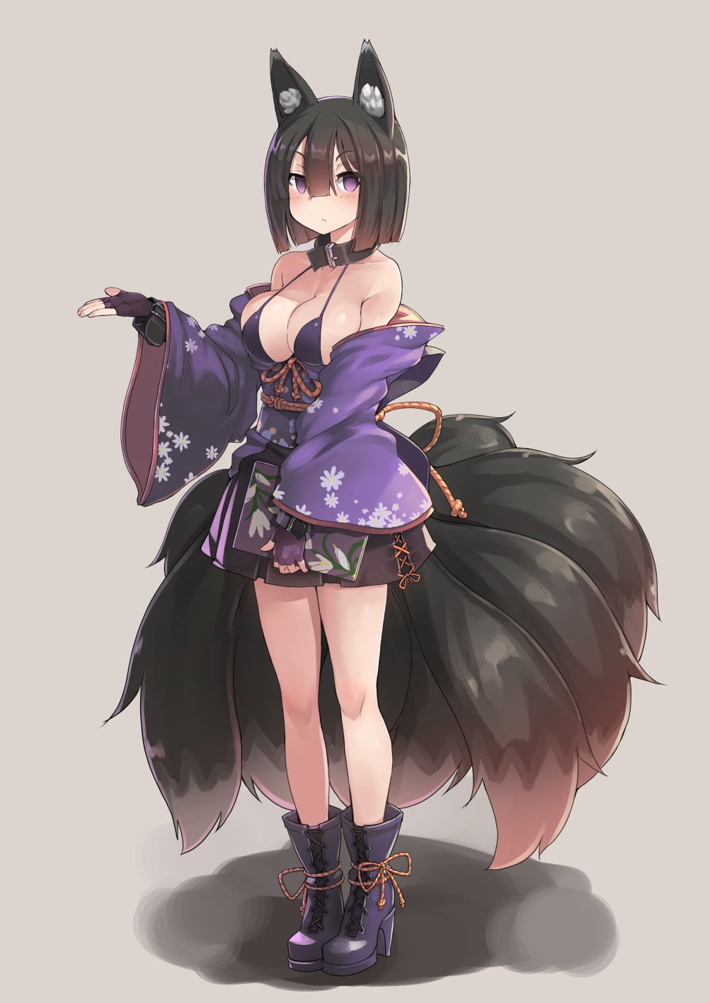 1girl animal_ear_fluff animal_ears bare_shoulders bikini_top black_hair blush book boots breasts choker commentary_request cross-laced_footwear fingerless_gloves floral_print fox_ears fox_girl fox_tail full_body gloves grey_background hair_between_eyes highres holding holding_book itou_ryuusei japanese_clothes kimono large_breasts looking_at_viewer medium_hair multiple_tails obi off_shoulder original purple_kimono sash short_kimono simple_background solo standing tail violet_eyes wide_sleeves