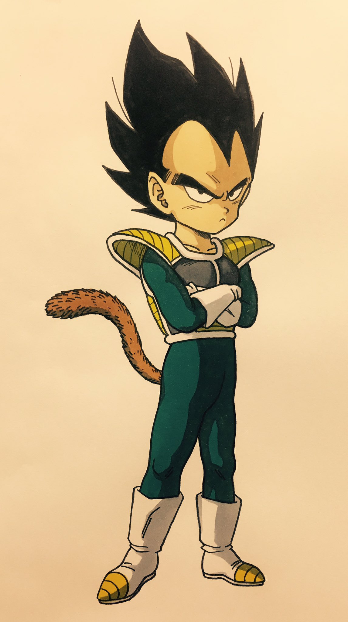 black_hair crossed_arms dragon_ball dragon_ball_super dragon_ball_super_broly frown full_body gloves highres lee_(dragon_garou) marker_(medium) monkey_tail shoulder_armor tail traditional_media vegeta white_footwear white_gloves widow's_peak younger