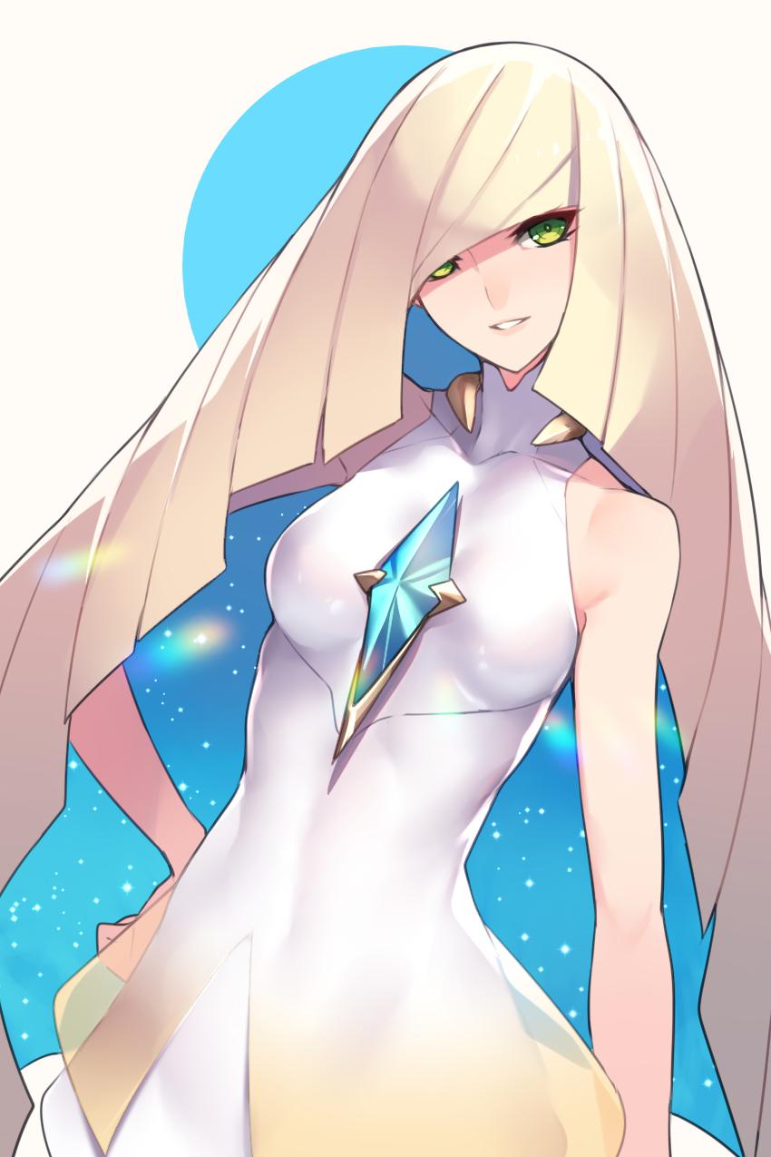 1girl ban bangs bare_arms bare_shoulders blonde_hair blunt_ends breasts commentary_request dress gradient_dress green_eyes hair_over_one_eye hand_on_hip highres jewelry long_hair looking_at_viewer lusamine_(pokemon) multicolored multicolored_clothes multicolored_dress parted_lips pokemon pokemon_(game) pokemon_sm see-through short_dress simple_background sleeveless sleeveless_dress small_breasts smile solo standing starry_sky_print very_long_hair white_background white_dress