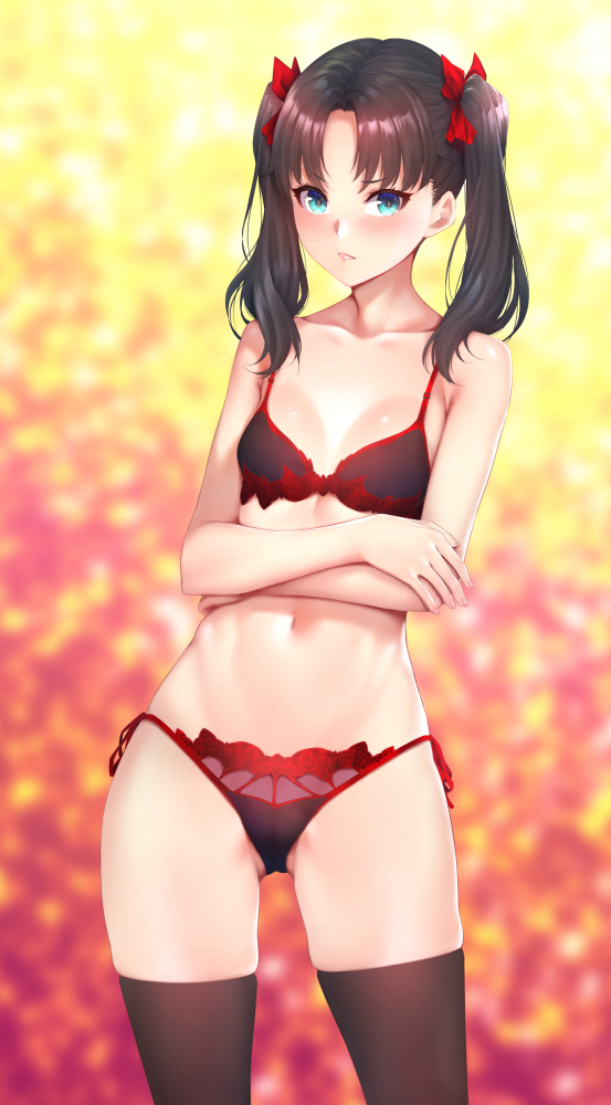 1girl bangs black_hair black_legwear blue_eyes bra breasts closed_mouth collarbone commentary_request crossed_arms eyebrows_visible_through_hair fate/stay_night fate_(series) hair_ribbon lingerie lips navel panties red_bra red_panties red_ribbon ribbon side-tie_panties small_breasts solo standing stomach thigh-highs toosaka_rin twintails underwear underwear_only zucchini